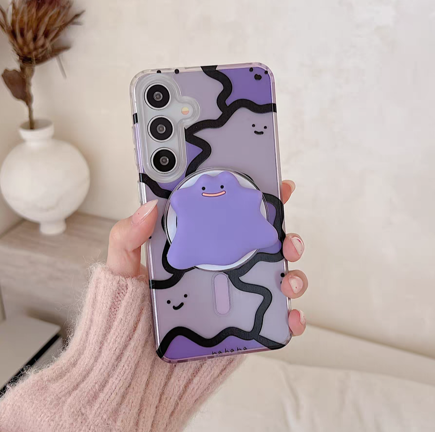 Japanese Cartoon Pokemon | Full Ditto Transparent Purple with Phone Stand - Phone Case Samsung Galaxy S25 S24 S23 S22 Ultra