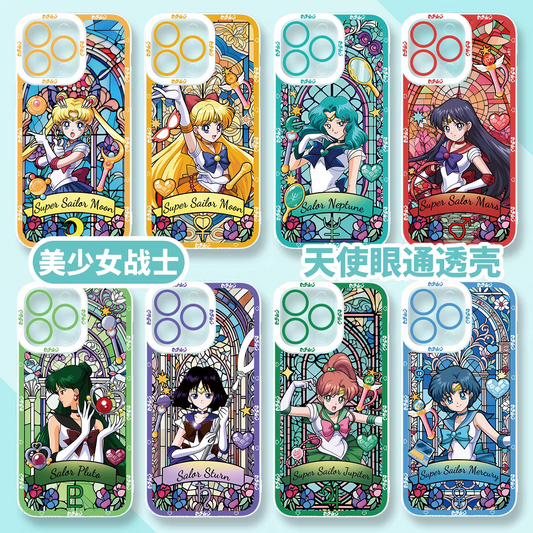 Japanese Cartoon Sailor Moon Phone Case Glass Window Style | Sailor Moon Venus Neptune Mars Pluto Saturn Jupiter Mercury - iPhone Case 7 8 PLUS SE2 XS XR X 11 12 13 14 15 16 16e 17 17e Pro Promax 12mini 13mini