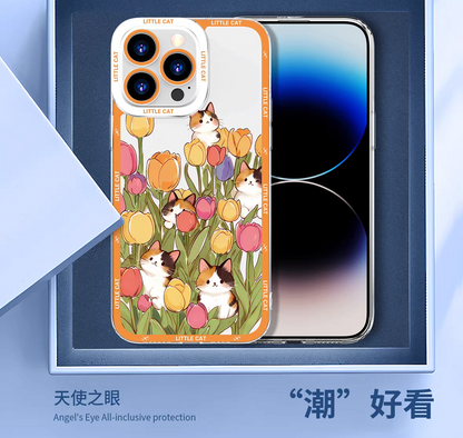 Japan Style Simple Cute Animals Style | Little Cats with Flowers - iPhone Case PLUS SE2 XS XR X 11 12 13 14 15 16 16e 17 17e Pro Promax 12mini 13mini