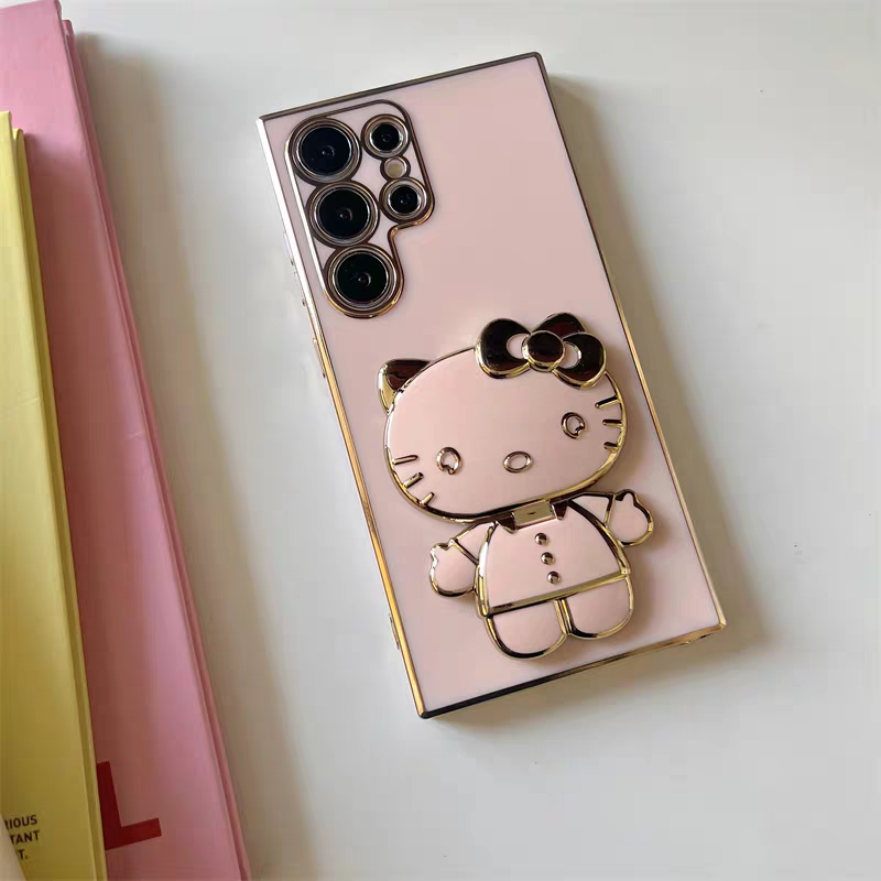 Japan Cartoon | Golden Line Hello Kitty with Phone Mirror Stand - Phone Case Samsung Galaxy S24 S23 S22 Plus Ultra KawaiiGiftLand