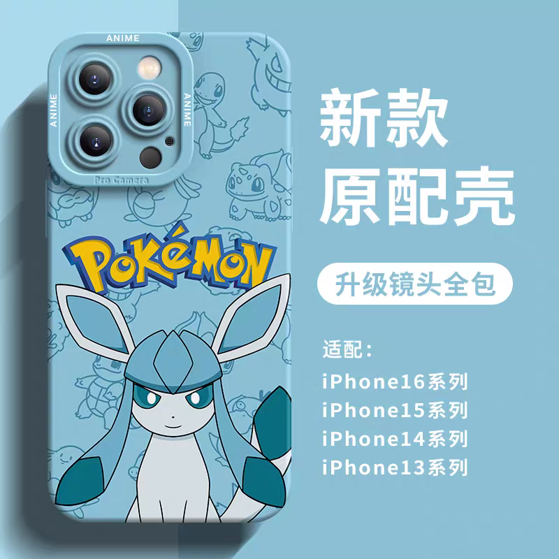 Japanese Cartoon Pokemon Silicone Case Eevee Evolution | Glaceon - iPhone Case 6 7 8 PLUS SE2 XS XR X 11 12 13 14 15 16 16e 17 Pro Promax 12mini 13mini