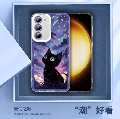 Girlish Fancy Oil Drawing | Yellow Eyes Black Cat with Purple Moon Night - Phone Case Samsung Galaxy S25 S24 S23 S22 S21 FE Ultra Edge