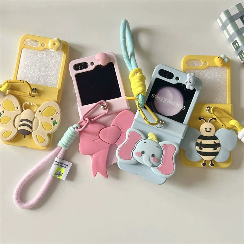 Korea Style Cute Style with Phone Stand | Elephant Bee Butterfly Ribbon - Phone Case Samsung Galaxy Z Flip 3 4 5