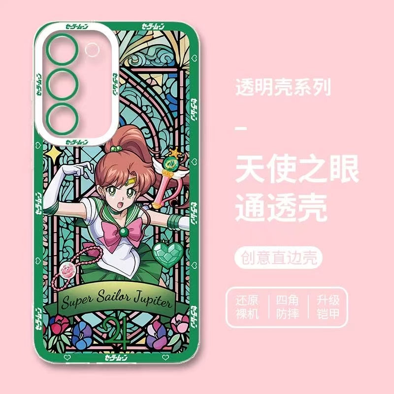 Japanese Cartoon Sailor Moon Phone Case Glass Window Style | Sailor Moon Venus Neptune Mars Pluto Saturn Jupiter Mercury - Phone Case Samsung Galaxy S26 S25 S24 S23 S22 S21 FE Ultra Edge