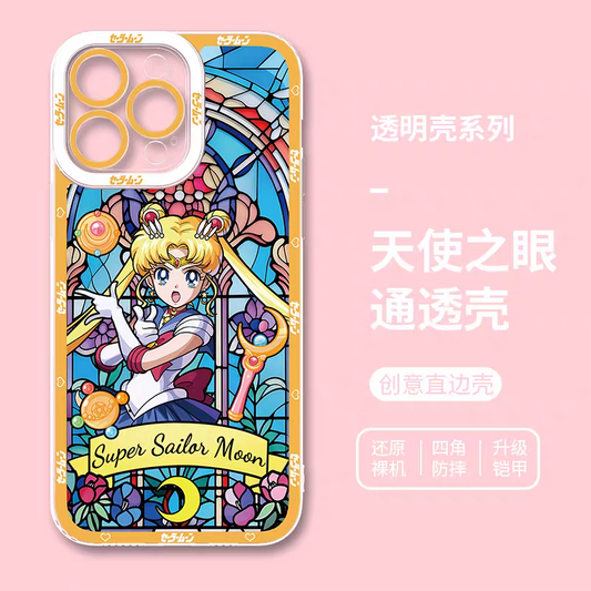 Japanese Cartoon Sailor Moon Phone Case Glass Window Style | Sailor Moon Venus Neptune Mars Pluto Saturn Jupiter Mercury - iPhone Case 7 8 PLUS SE2 XS XR X 11 12 13 14 15 16 16e 17 17e Pro Promax 12mini 13mini