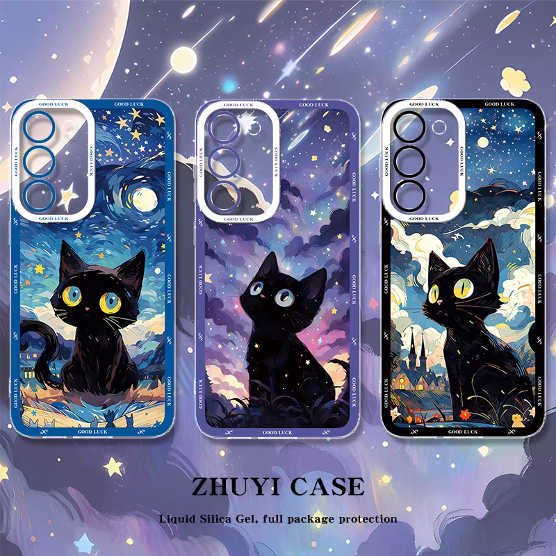 Girlish Fancy Oil Drawing | Green Eyes Black Cat with Star Night - Phone Case Samsung Galaxy S25 S24 S23 S22 S21 FE Ultra Edge