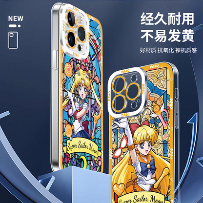 Japanese Cartoon Sailor Moon Phone Case Glass Window Style | Sailor Moon Venus Neptune Mars Pluto Saturn Jupiter Mercury - iPhone Case 7 8 PLUS SE2 XS XR X 11 12 13 14 15 16 16e 17 17e Pro Promax 12mini 13mini