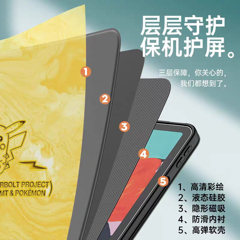 Japanese Cartoon Pokemon Protect Case with Pen Holder | Happy Pikachu Yellow - iPad Mini 4,5,6,7 / iPad Air / iPad Pro 2025 2024 2022 2021 2020 2018