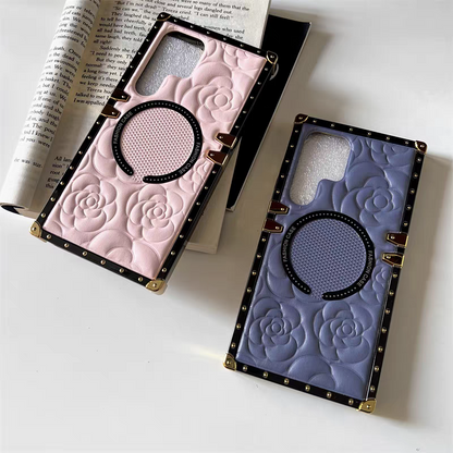 Vintage Style Magnetic Phone Case | Camellia Flower White Black Blue Orange Pink Brown - Phone Case Samsung Galaxy S24 S23 S22 Ultra KawaiiGiftLand