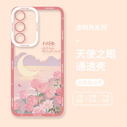 Girlish Fancy Oil Drawing | Rose Moon Pink - Phone Case Samsung Galaxy S25 S24 S23 S22 S21 FE Ultra Edge