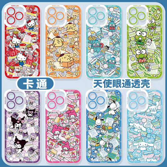 Japanese Cartoon Sanrio Friends with Foods Full Screen | Hello Kitty My Melody Kuromi Cinnamoroll Pompompurin Pochacco Hangyodon Keroppi - iPhone Case 7 8 PLUS SE2 XS XR X 11 12 13 14 15 16 16e 17 Pro Promax 12mini 13mini