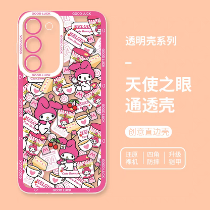 Japanese Cartoon Sanrio Friends with Foods Full Screen | Hello Kitty My Melody Kuromi Cinnamoroll Pompompurin Pochacco Hangyodon Keroppi - Phone Case Samsung Galaxy S26 S25 S24 S23 S22 S21 FE Ultra Edge