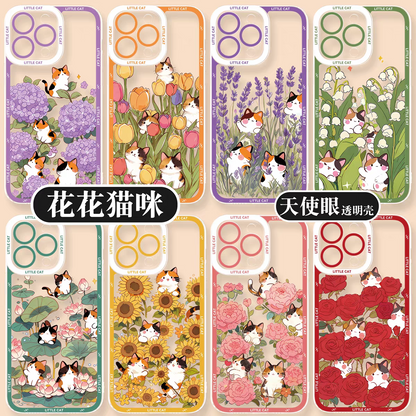 Japan Style Simple Cute Animals Style | Little Cats with Flowers - iPhone Case PLUS SE2 XS XR X 11 12 13 14 15 16 16e 17 17e Pro Promax 12mini 13mini