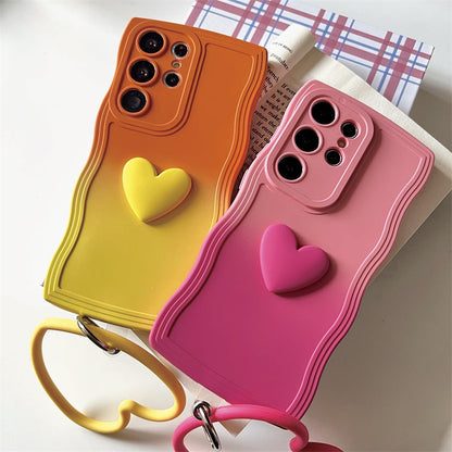 Koren Style Gradient Color Silicone Case with Heart Handle | Rose Red Yellow Blue Purple Heart - Phone Case Samsung Galaxy  S24 S23 S22 Ultra KawaiiGiftLand