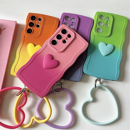 Koren Style Gradient Color Silicone Case with Heart Handle | Rose Red Yellow Blue Purple Heart - Phone Case Samsung Galaxy  S24 S23 S22 Ultra