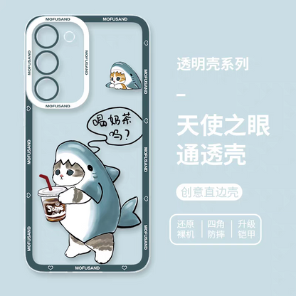 Japanese Cartoon Mofusand | Shark Mofusand with Milktea - Phone Case Samsung Galaxy S25 S24 S23 S22 S21 FE Ultra Edge