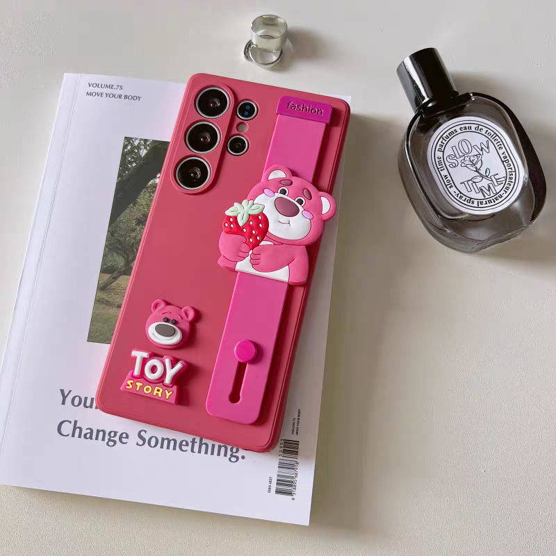Cute Cartoon Phone Bar Handle and Stand | Strawberry Bear - Phone Case Samsung Galaxy S25 S24 S23 S22 Ultra