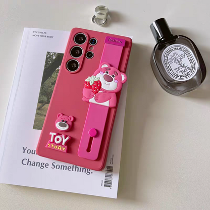 Cute Cartoon Phone Bar Handle and Stand | Strawberry Bear - Phone Case Samsung Galaxy S25 S24 S23 S22 Ultra