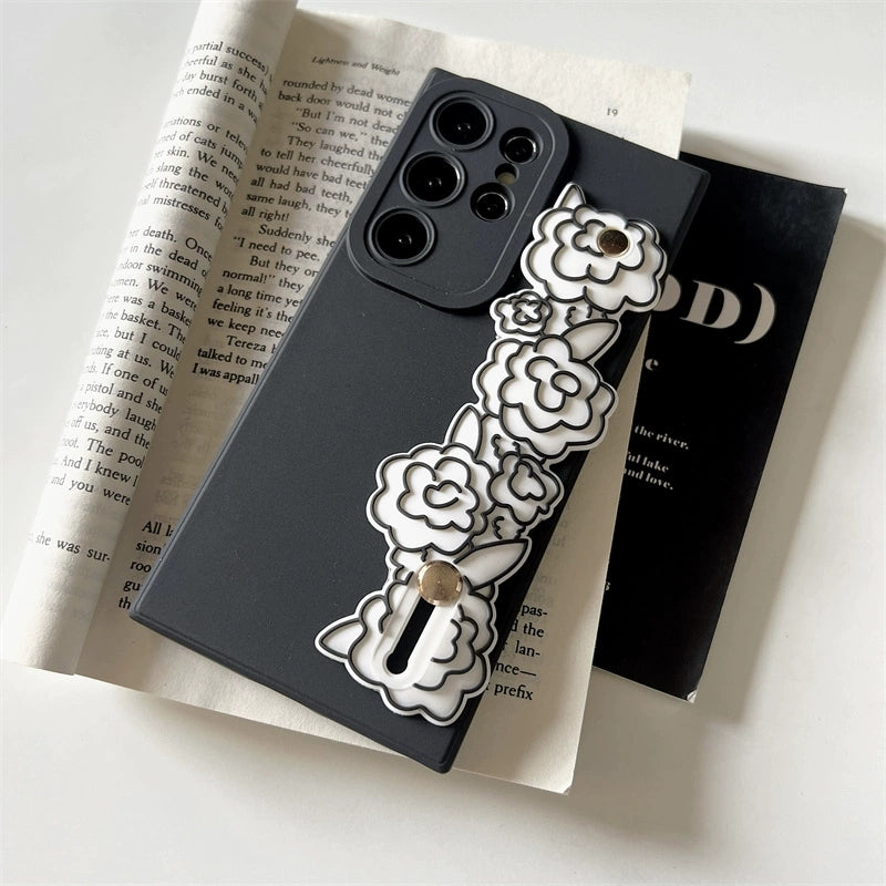 Vintage Style Silicone Phone Case with Phone Bar Handle and Stand | Camellia Black - Phone Case Samsung Galaxy S24 S23 S22 Ultra