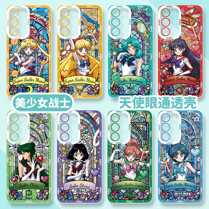 Japanese Cartoon Sailor Moon Phone Case Glass Window Style | Sailor Moon Venus Neptune Mars Pluto Saturn Jupiter Mercury - Phone Case Samsung Galaxy S26 S25 S24 S23 S22 S21 FE Ultra Edge