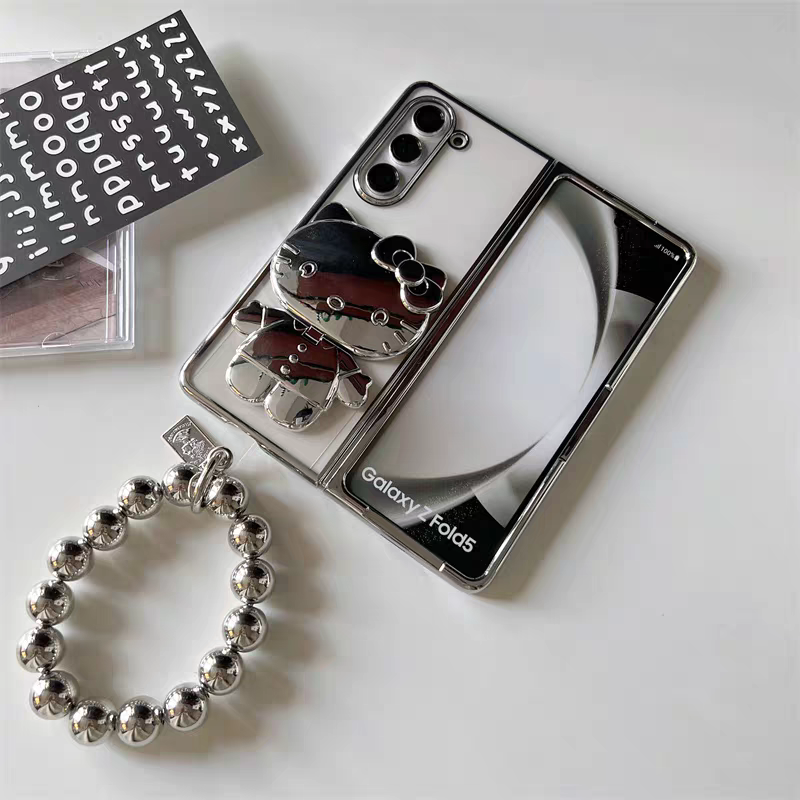 Japanese Cartoon | Silver Plating Hello Kitty with Phone Stand & Mirror - Phone Case Samsung Galaxy Z Fold 3 4 5 KawaiiGiftLand