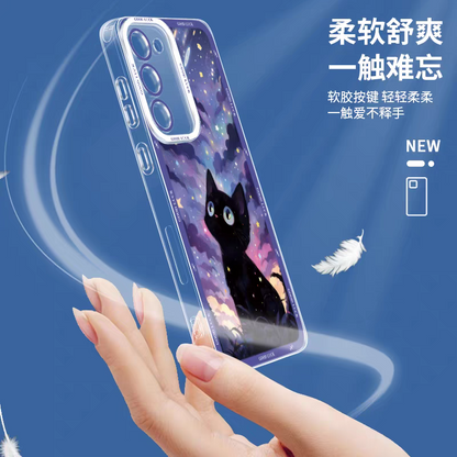 Girlish Fancy Oil Drawing | Yellow Eyes Black Cat with Purple Moon Night - Phone Case Samsung Galaxy S25 S24 S23 S22 S21 FE Ultra Edge