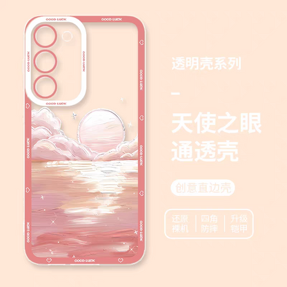 Girlish Fancy Oil Drawing | Pink Moon with Sea - Phone Case Samsung Galaxy S25 S24 S23 S22 S21 FE Ultra Edge