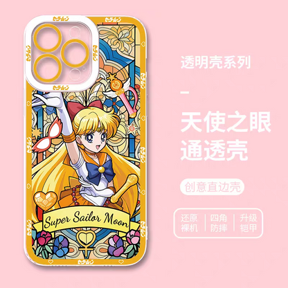 Japanese Cartoon Sailor Moon Phone Case Glass Window Style | Sailor Moon Venus Neptune Mars Pluto Saturn Jupiter Mercury - iPhone Case 7 8 PLUS SE2 XS XR X 11 12 13 14 15 16 16e 17 17e Pro Promax 12mini 13mini