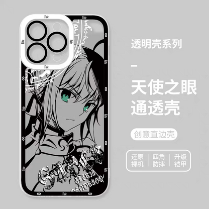 Japanese Anime Fate Stay Night Black Drawing with Colour Eyes Style | Gilgamesh Saber Mash Ishtar EMIYA Tohsaka Rin Astolfo Joan of Arc - iPhone Case PLUS SE2 XS XR X 11 12 13 14 15 16 16e 17 17e Pro Promax 12mini 13mini