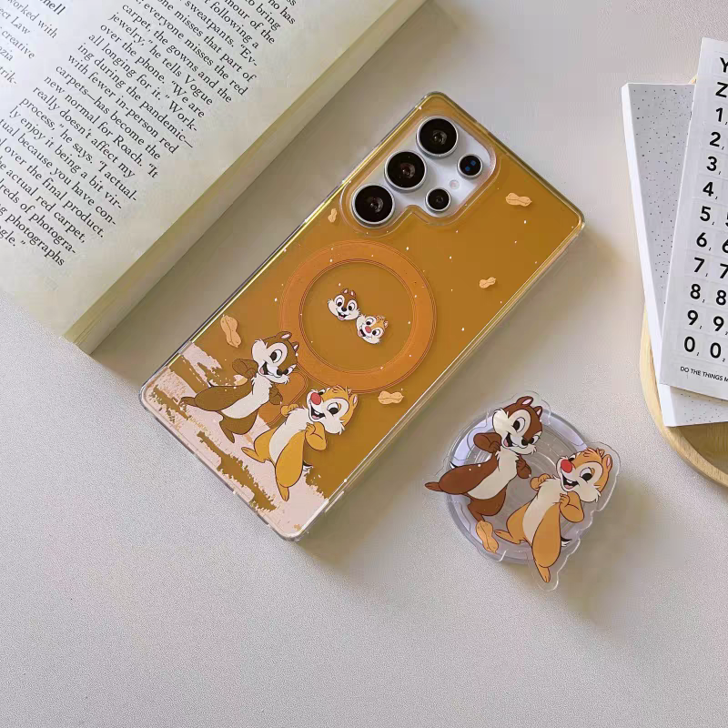 Cute Cartoon Magnetic Case with Phone Stand | Chip & Dale Stand & Sit Down - Phone Case Samsung Galaxy S25 S24 S23 Ultra KawaiiGiftLand