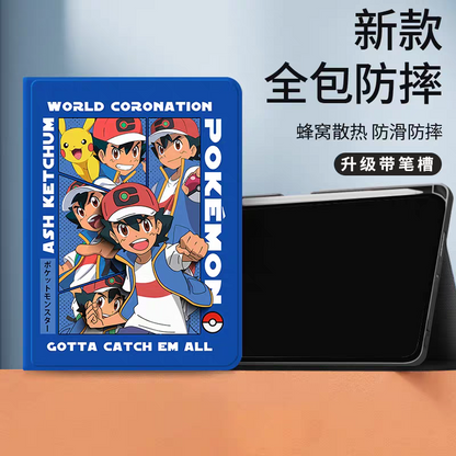 Japanese Cartoon Pokemon Protect Case World Coronation with Pen Holder | Ash Ketchum with Pikachu - iPad Mini 4,5,6,7 / iPad Air / iPad Pro 2025 2024 2022 2021 2020 2018