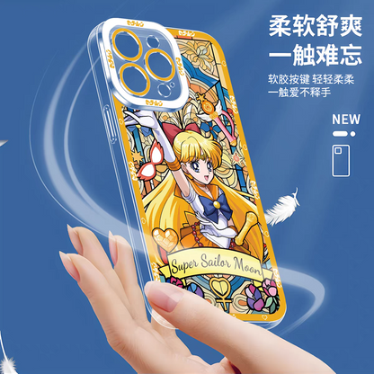 Japanese Cartoon Sailor Moon Phone Case Glass Window Style | Sailor Moon Venus Neptune Mars Pluto Saturn Jupiter Mercury - iPhone Case 7 8 PLUS SE2 XS XR X 11 12 13 14 15 16 16e 17 17e Pro Promax 12mini 13mini