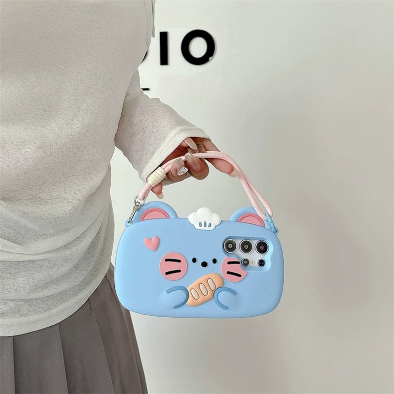 Cute Animal Silicone Phone Case | Blue Mouse with Bread  - Phone Case Samsung Galaxy S24 S23 Plus Ultra KawaiiGiftLand