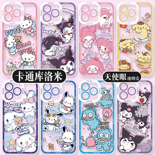 Japanese Cartoon Sanrio Friends Fun Emo Full Screen | Hello Kitty My Melody Kuromi Cinnamoroll Pompompurin Pochacco Hangyodon - iPhone Case PLUS SE2 XS XR X 11 12 13 14 15 16 16e 17 17e Pro Promax 12mini 13mini