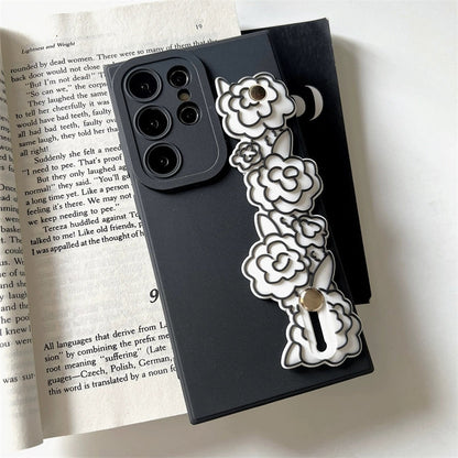 Vintage Style Silicone Phone Case with Phone Bar Handle and Stand | Camellia Black - Phone Case Samsung Galaxy S24 S23 S22 Ultra KawaiiGiftLand