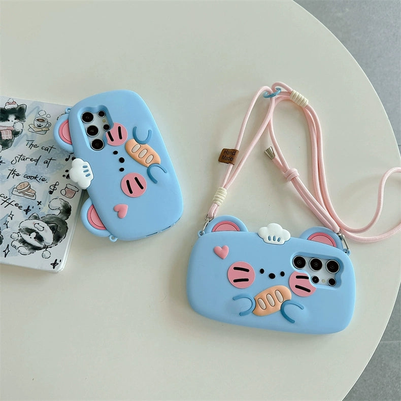 Cute Animal Silicone Phone | Blue Mouse with Bread  - Phone Case Samsung Galaxy S24 S23 Plus Ultra