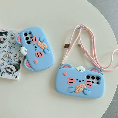 Cute Animal Silicone Phone | Blue Mouse with Bread  - Phone Case Samsung Galaxy S24 S23 Plus Ultra