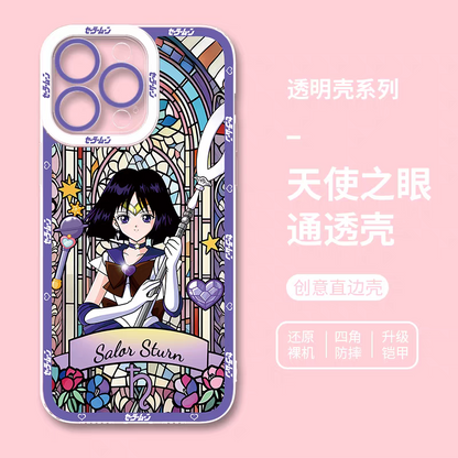 Japanese Cartoon Sailor Moon Phone Case Glass Window Style | Sailor Moon Venus Neptune Mars Pluto Saturn Jupiter Mercury - iPhone Case 7 8 PLUS SE2 XS XR X 11 12 13 14 15 16 16e 17 17e Pro Promax 12mini 13mini