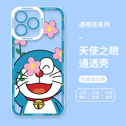 Japanese Cartoon Blue Robot Cat | Happy Doraemon with Flower - iPhone Case PLUS SE2 XS XR X 11 12 13 14 15 16 17 Pro Promax 12mini 13mini