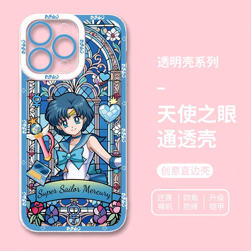 Japanese Cartoon Sailor Moon Phone Case Glass Window Style | Sailor Moon Venus Neptune Mars Pluto Saturn Jupiter Mercury - iPhone Case 7 8 PLUS SE2 XS XR X 11 12 13 14 15 16 16e 17 17e Pro Promax 12mini 13mini