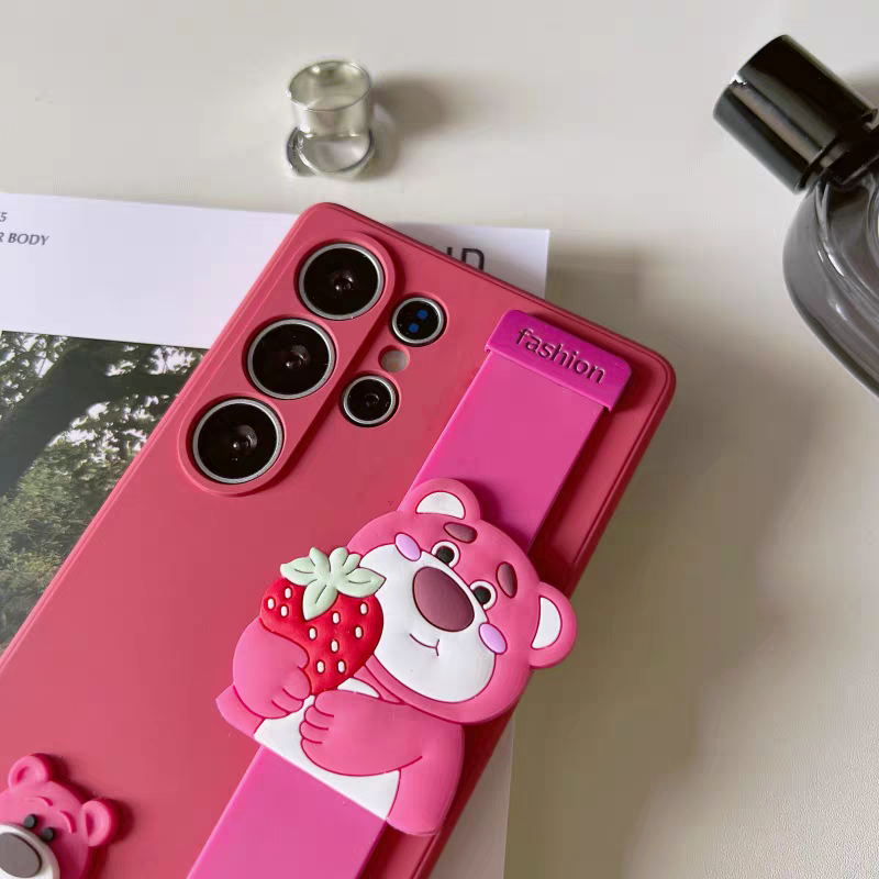 Cute Cartoon Phone Bar Handle and Stand | Strawberry Bear - Phone Case Samsung Galaxy S25 S24 S23 S22 Ultra KawaiiGiftLand