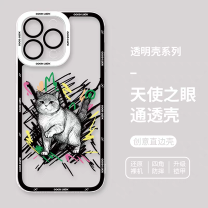 Simple Style Cat with Sketch | 8 Styles - iPhone Case PLUS SE2 XS XR X 11 12 13 14 15 16 16e 17 17e Pro Promax 12mini 13mini