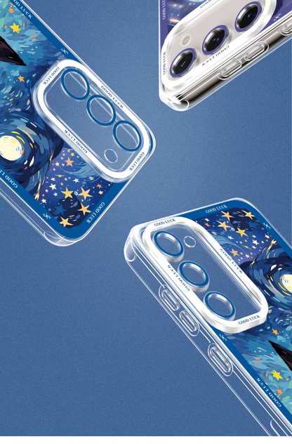 Girlish Fancy Oil Drawing | Yellow Eyes Black Cat with Purple Moon Night - Phone Case Samsung Galaxy S25 S24 S23 S22 S21 FE Ultra Edge