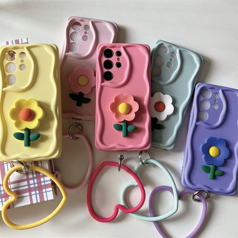 Koren Style Colourful Silicone Case with Heart Handle | Flower BabyPink Yellow Pink Purple BabyBlue - Phone Case Samsung Galaxy S24 S23 S22 Plus Ultra