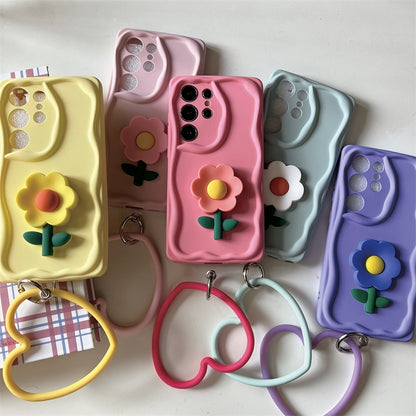 Koren Style Colourful Silicone Case with Heart Handle | Flower BabyPink Yellow Pink Purple BabyBlue - Phone Case Samsung Galaxy S24 S23 S22 Plus Ultra