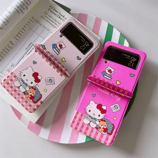 Cute Cartoon Notebook Style | Hello Kitty Hot Pink & Pink - Phone Case Samsung Galaxy Z Flip 3 4 5 6