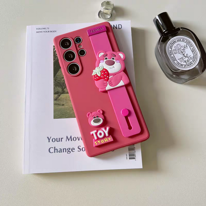 Cute Cartoon Phone Bar Handle and Stand | Strawberry Bear - Phone Case Samsung Galaxy S25 S24 S23 S22 Ultra