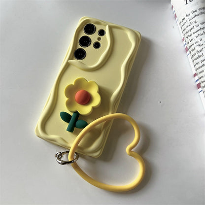 Koren Style Colourful Silicone Case with Heart Handle | Flower BabyPink Yellow Pink Purple BabyBlue - Phone Case Samsung Galaxy S24 S23 S22 Plus Ultra KawaiiGiftLand