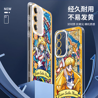 Japanese Cartoon Sailor Moon Phone Case Glass Window Style | Sailor Moon Venus Neptune Mars Pluto Saturn Jupiter Mercury - Phone Case Samsung Galaxy S26 S25 S24 S23 S22 S21 FE Ultra Edge