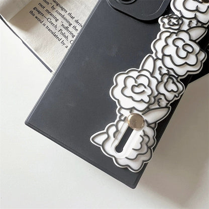 Vintage Style Silicone Phone Case with Phone Bar Handle and Stand | Camellia Black - Phone Case Samsung Galaxy S24 S23 S22 Ultra KawaiiGiftLand